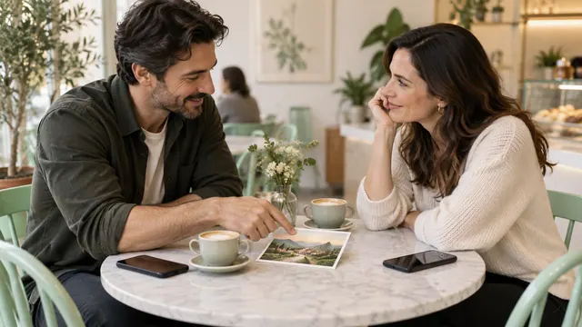 VK Dating likes and messages: begin a balanced conversation — Getting acquainted Two adults talk across a café table with their phones set aside.