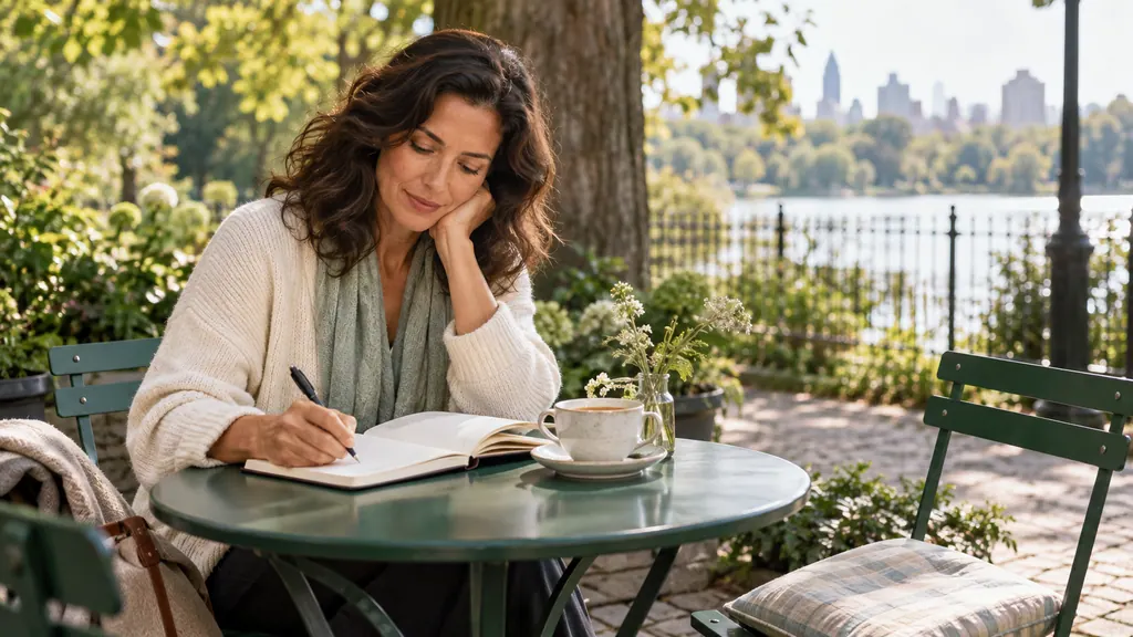 An adult makes notes at a table beside a park.