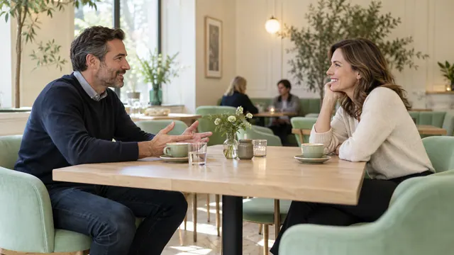 Adult dating and casual intentions: discuss expectations clearly — Getting acquainted Two adults calmly discuss expectations across a café table.