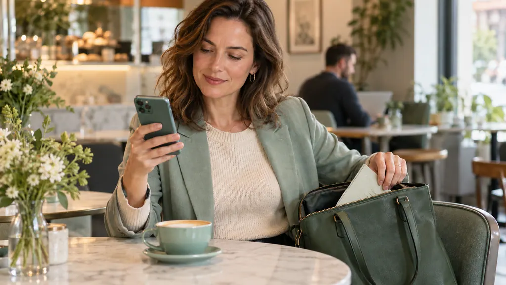 A woman looks at her phone while putting a light-colored booklet into her bag.