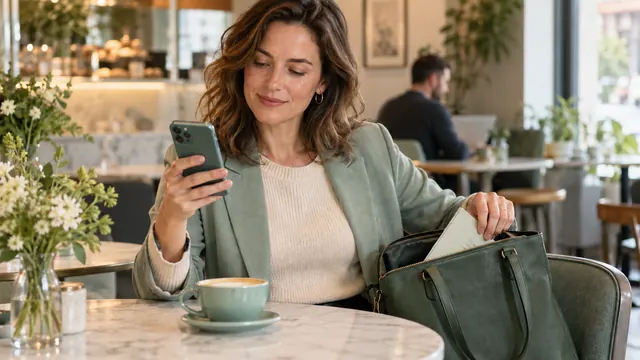 Adult dating without registration: privacy and anonymity — Getting acquainted A woman looks at her phone while putting a light-colored booklet into her bag.