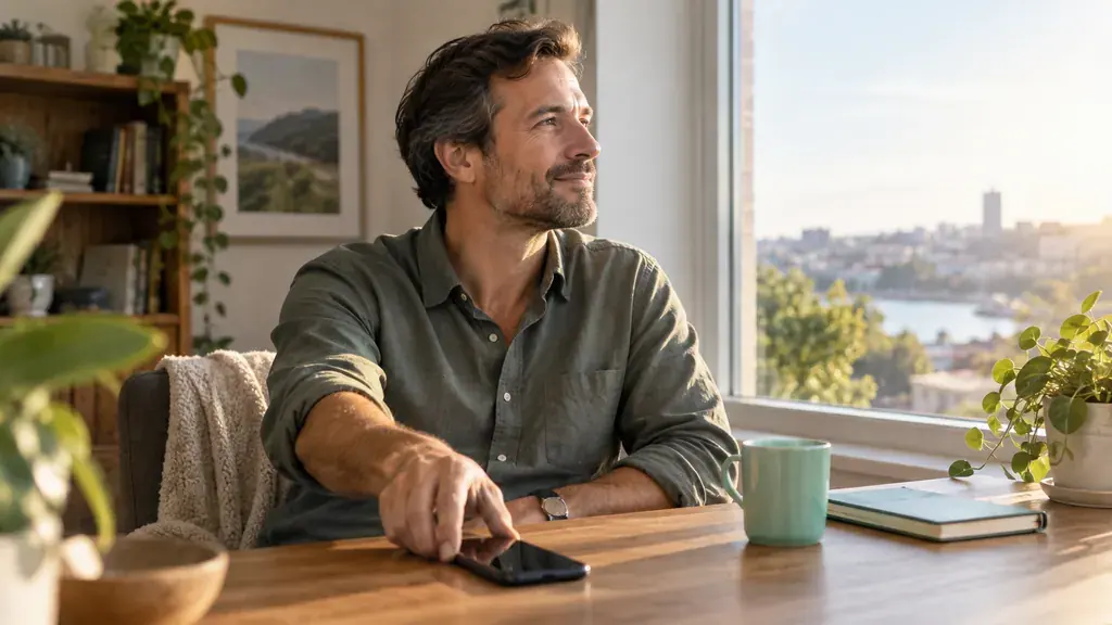 A man puts his phone face down and pauses beside a window.
