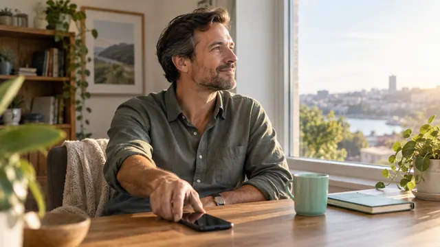 Adult dating online: conversation boundaries and respectful tone — Getting acquainted A man puts his phone face down and pauses beside a window.