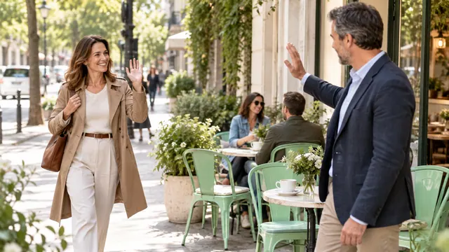 Adult dating and a first meeting: comfort without pressure — Getting acquainted Two adults arrive separately at a public café terrace and greet each other.