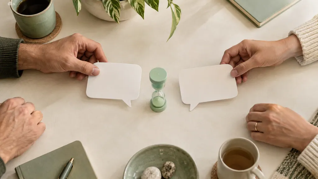 Two hands arrange dialogue cards on opposite sides of a small hourglass.