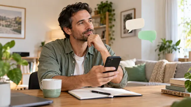 Free dating chat: check the full conversation before choosing — Getting acquainted A man considers a message while plain paper speech shapes float nearby.