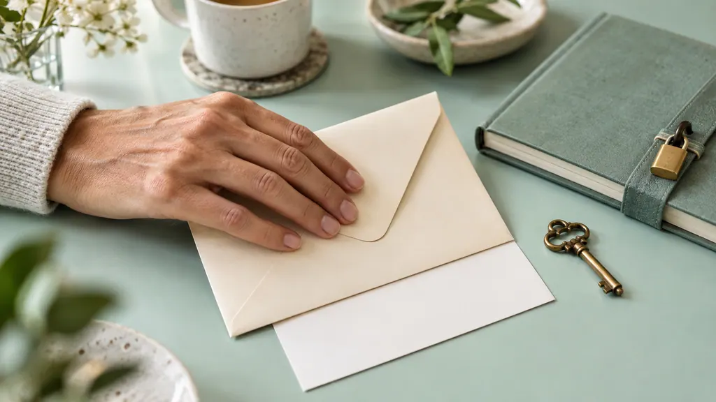Free dating without a phone number: privacy and account access — An idea for a conversation A hand covers a contact card with an envelope beside a key and a closed notebook.