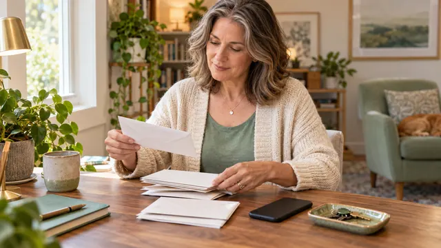 Free dating without a phone number: privacy and account access — Getting acquainted A woman sorts sealed envelopes beside a phone and a small tray of keys.