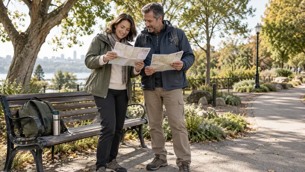 Free dating nearby: plan a first meeting within your budget — An idea for a conversation A couple compare folded maps beside a park bench and a level walking path.