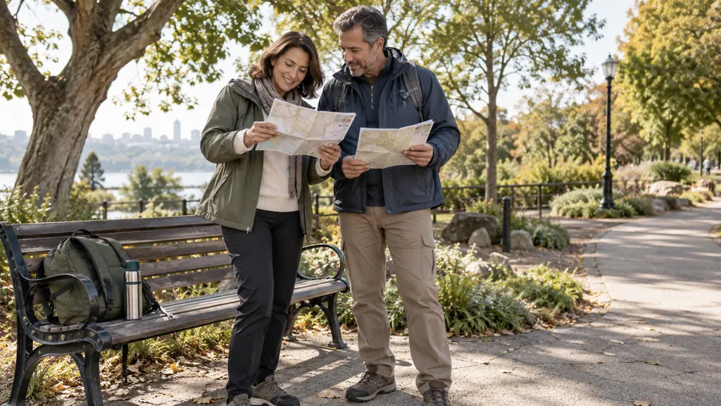 Una pareja compara mapas doblados junto a un banco y un camino llano.