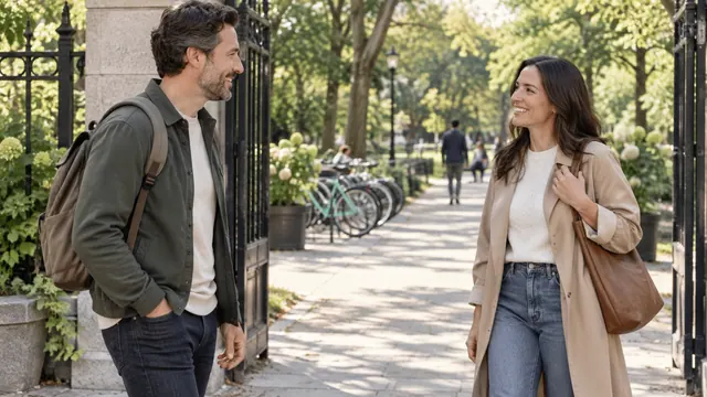 Free dating nearby: plan a first meeting within your budget — Getting acquainted Two adults meet at a public park entrance in daylight.