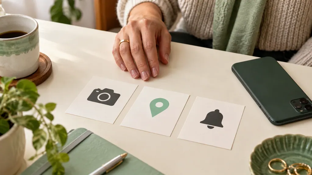 Cards with simple camera, location and notification symbols lie beside a face-down phone.