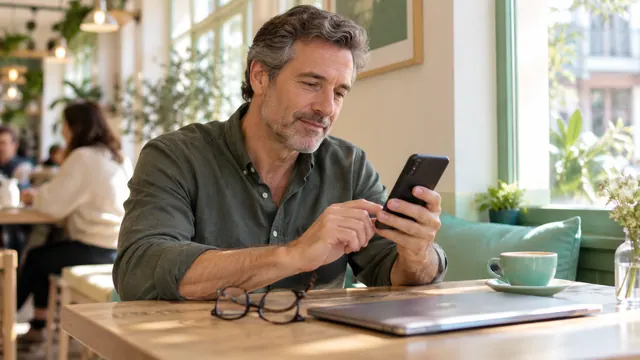 Download a free dating app: source, permissions and setup — Getting acquainted A man examines a phone at a café table beside a closed laptop and glasses.