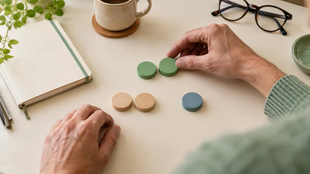 Choosing a serious dating site: a practical decision matrix — An idea for a conversation Hands arrange five colored wooden counters beside a notebook and glasses.