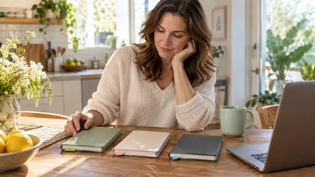 A woman compares three tabbed notebooks at a sunny kitchen table.