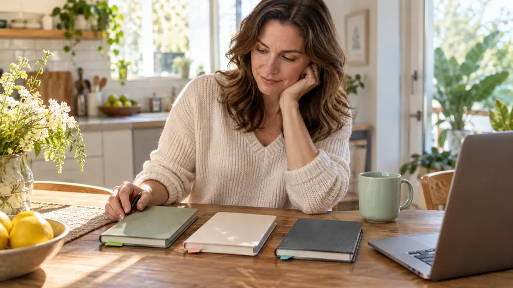 Choosing a serious dating site: a practical decision matrix — Getting acquainted A woman compares three tabbed notebooks at a sunny kitchen table.