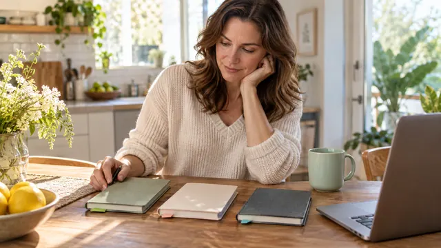 Choosing a serious dating site: a practical decision matrix — Getting acquainted A woman compares three tabbed notebooks at a sunny kitchen table.