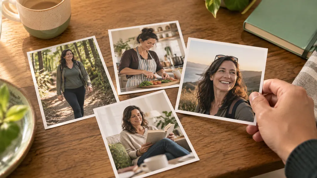 Photos for serious dating: tell your story in four frames — An idea for a conversation A hand selects one of four photographs showing a woman in everyday situations on a wooden desk.