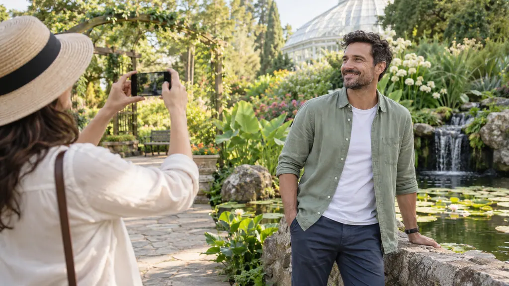 Photos for serious dating: tell your story in four frames — Getting acquainted A man poses in a botanical garden while a female friend photographs him with a phone.