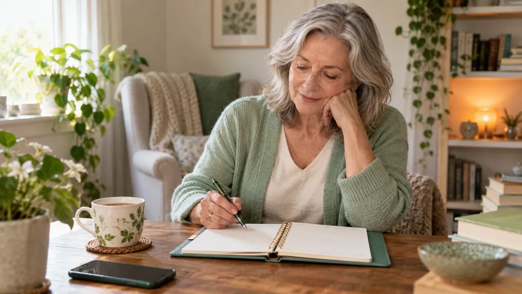 An older woman reviews a paper planner beside tea and a phone placed face down.