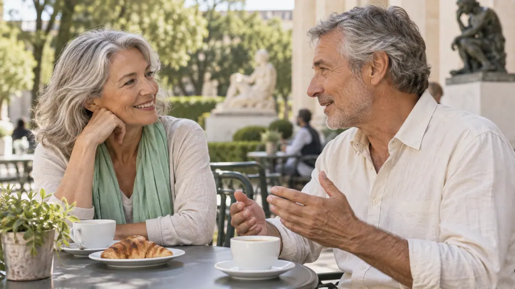 Two people around sixty talk comfortably at an outdoor museum café.
