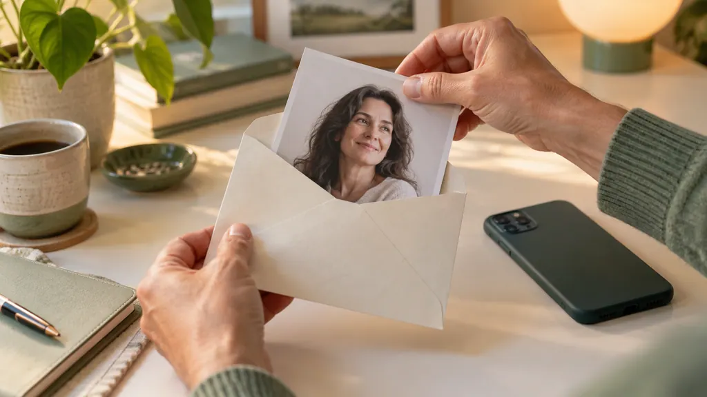 Hands place a photograph inside a plain paper envelope beside a phone on a desk.