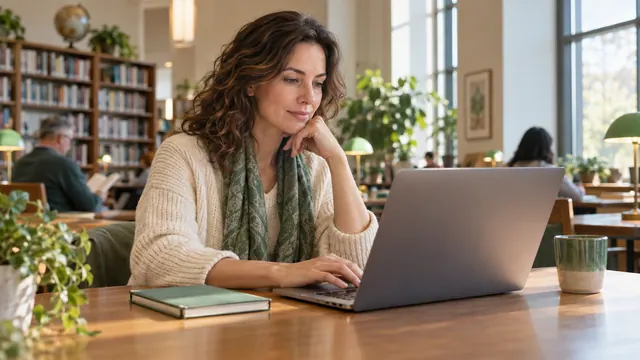Serious dating without registration: access and privacy — Getting acquainted A woman uses a laptop in a quiet library with its screen angled away from other people.