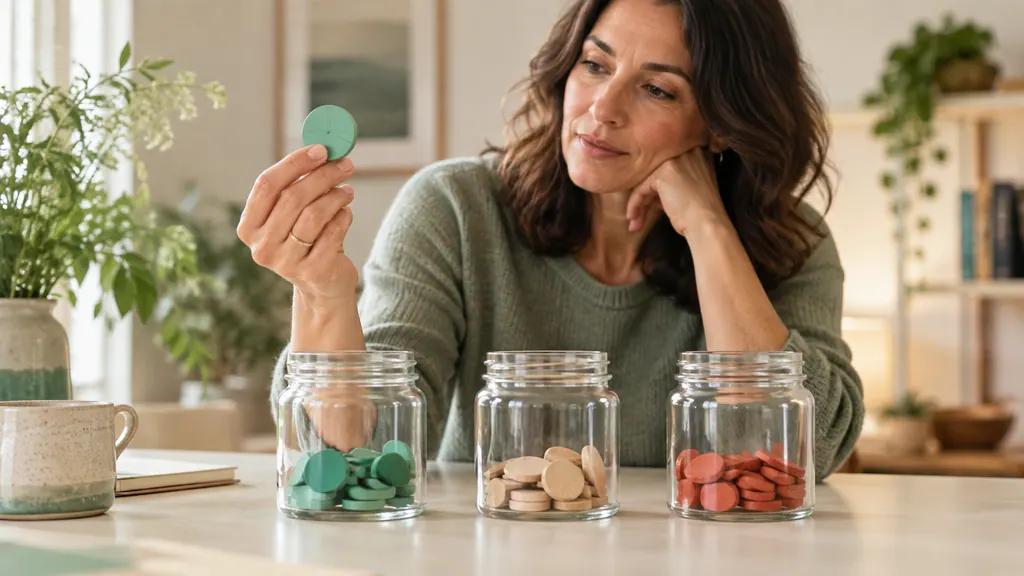 Three clear jars hold colored wooden counters while a hand considers one counter above a tabletop.