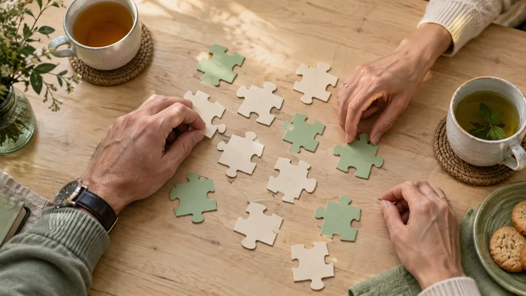 Two hands arrange separate puzzle pieces beside two cups of tea.