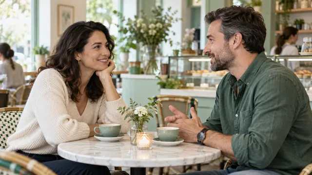 Dating for marriage: a conversation map without a deadline — Getting acquainted Two adults talk attentively across a small round table in a bright café.