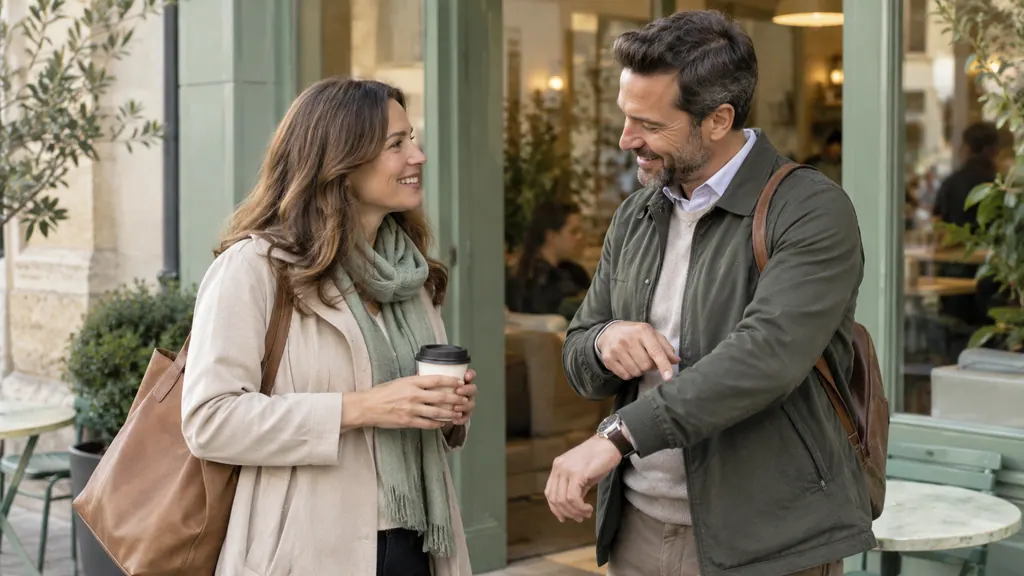 Dating for a relationship: agree on a communication pace — An idea for a conversation A couple talks near a café entrance while one person gently points to a wristwatch.