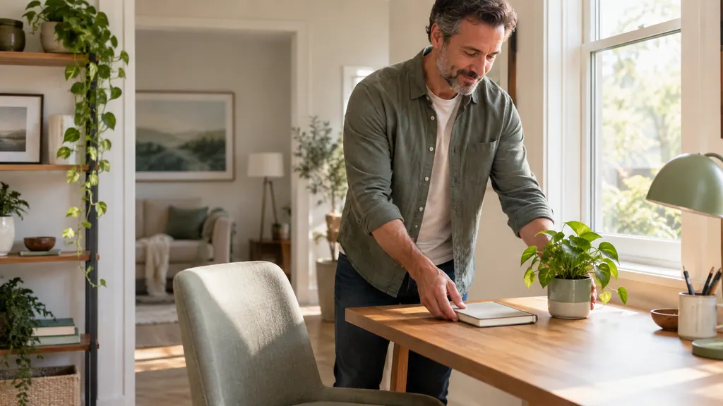 Dating after a breakup: make a personal boundaries plan — An idea for a conversation A man places a notebook and a small plant on a clear desk beside an empty chair.