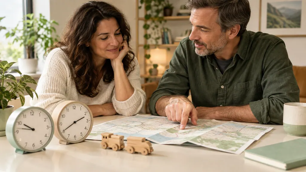 Two analog clocks show different times beside an unfolded map and small wooden train figures.