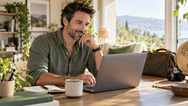 Long-distance dating: plan time and possible meetings — Getting acquainted A man talks through a laptop at a home desk with a small travel bag nearby.