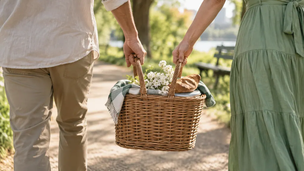 Citas para una relación: observar la participación mutua — Una idea para conversar Dos manos llevan juntas una pequeña cesta de pícnic por las asas opuestas en un sendero del parque.