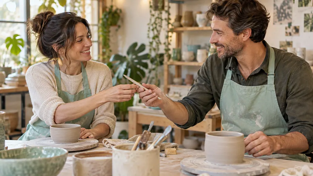 Citas para una relación: observar la participación mutua — Conocerse Dos personas adultas sonríen al pasarse una herramienta para arcilla durante un taller de cerámica.