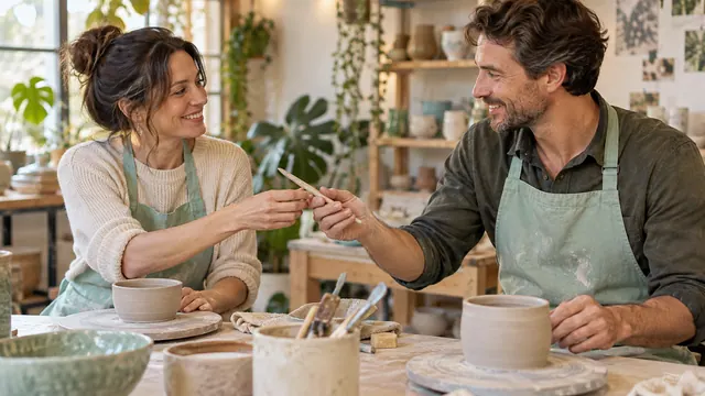 Dating for a relationship: notice mutual effort in actions — Getting acquainted Two adults smile while passing a clay tool to each other during a pottery class.