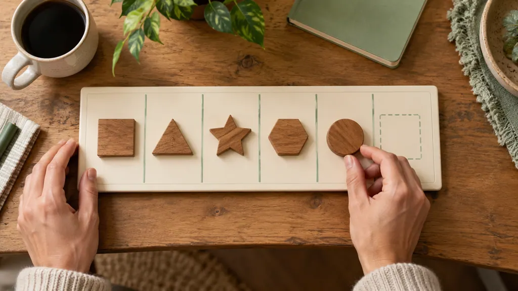 Different wooden tokens sit on a comparison board with one position deliberately empty.