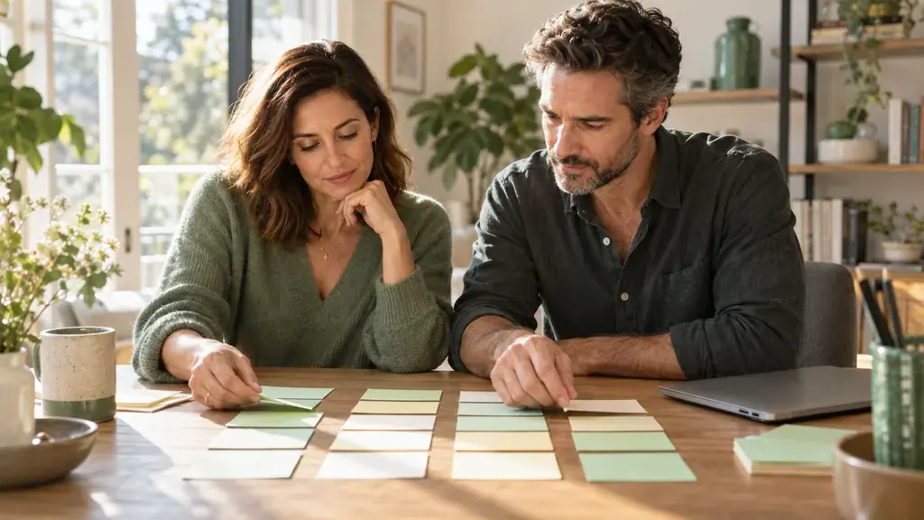 Two adults arrange comparison cards in columns at a bright table.