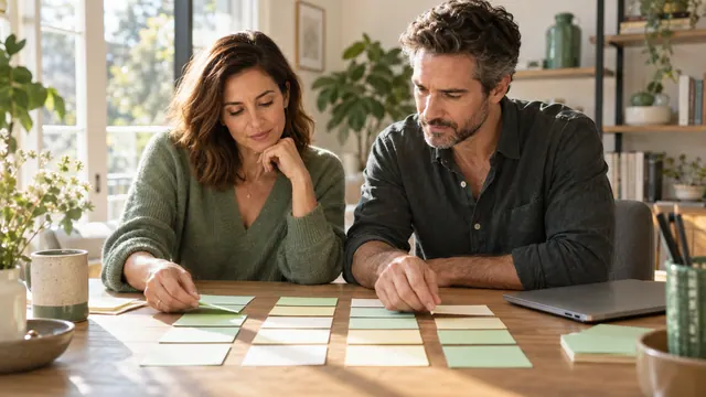Free dating websites: build a useful feature comparison — Getting acquainted Two adults arrange comparison cards in columns at a bright table.