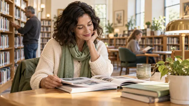 Free dating without registration: what a guest should check — Getting acquainted An adult visitor reads an open catalogue at a public library table.