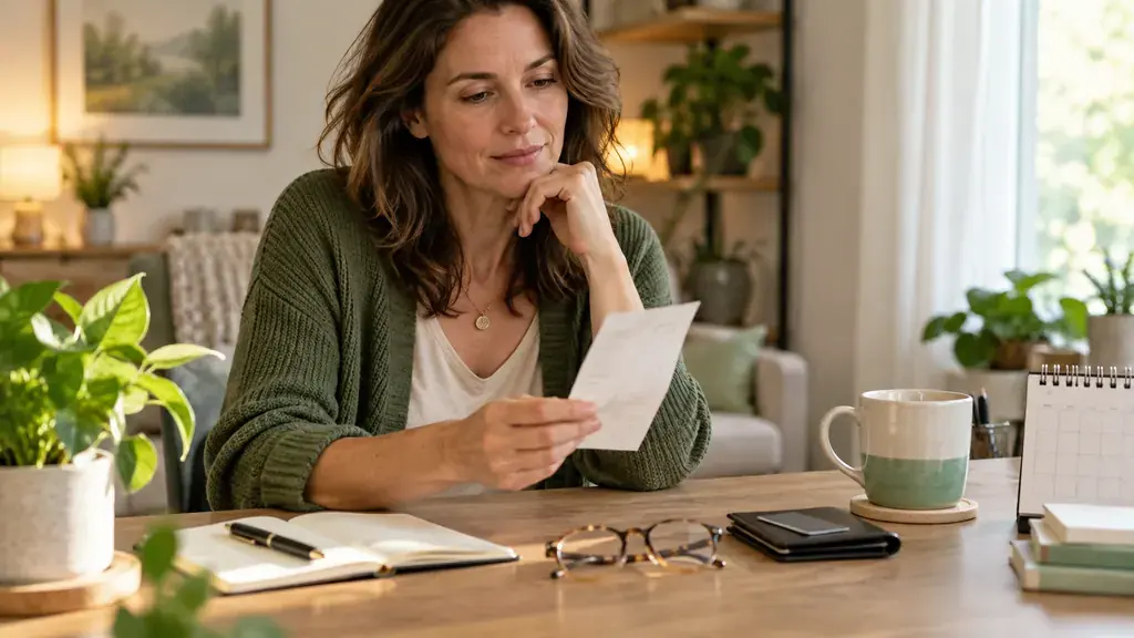 An adult reads a receipt at a home desk beside a closed wallet.