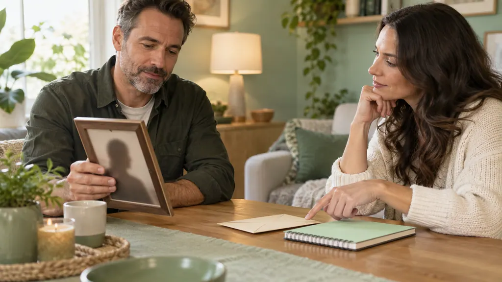Free dating without a photo: visibility, honesty and trust — An idea for a conversation A man holds a portrait at an angle while an envelope and notebook support a discussion of sharing boundaries.
