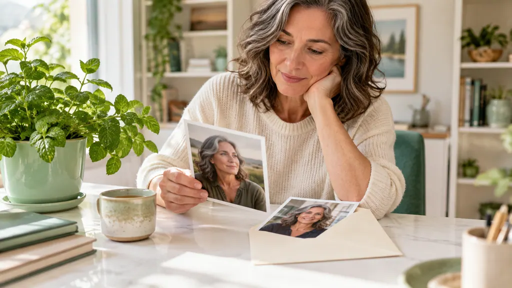 Free dating without a photo: visibility, honesty and trust — Getting acquainted A woman reviews two personal portraits, with one partly inside an envelope.