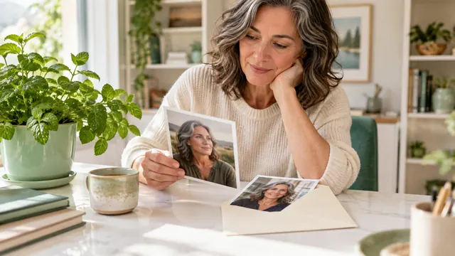 Free dating without a photo: visibility, honesty and trust — Getting acquainted A woman reviews two personal portraits, with one partly inside an envelope.