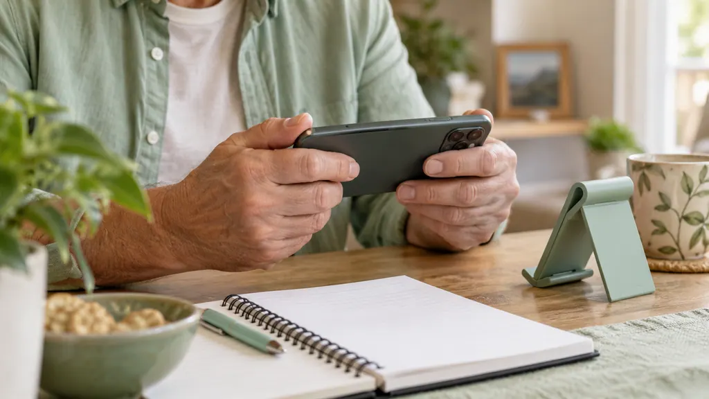 Citas gratis en el móvil: prueba primero la versión web — Una idea para conversar Una persona adulta sostiene un teléfono horizontalmente junto a un soporte y una libreta.