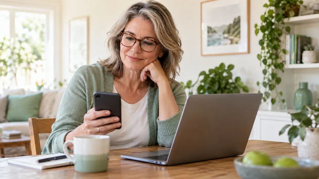 Citas gratis en el móvil: prueba primero la versión web — Conocerse Una mujer con gafas compara un teléfono y un portátil en una mesa luminosa de casa.