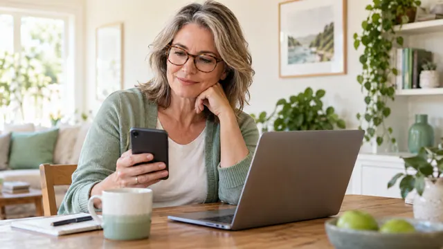 Free dating on your phone: test the mobile website first — Getting acquainted A woman wearing glasses compares a phone and laptop at a bright home table.