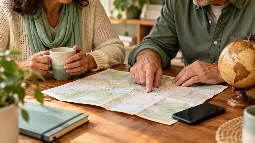 Tinder official access: check the website and your region — An idea for a conversation Hands examine an unfolded map beside a phone facing up and a small globe.