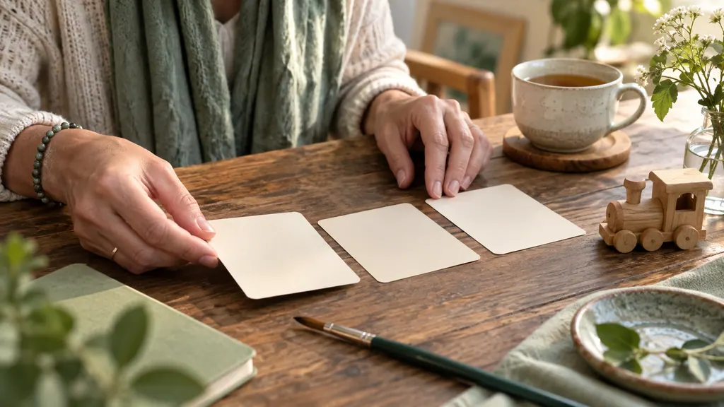 Hands arrange three plain cards beside a paintbrush, a wooden train and a cup of tea.
